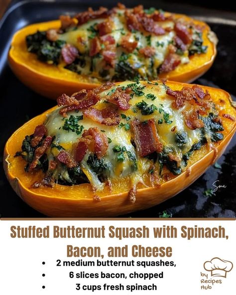 Stuffed Butternut Squash with Spinach, Bacon, and Cheese Butternut Squash With Spinach, Butternut Squash Bacon, Stuffed Butternut Squash, Butternut Squash Spinach, Stuffed Butternut, Mexican Casserole Recipe, Tuscan Chicken Pasta, Cut Butternut Squash, Chicken Parmesan Pasta