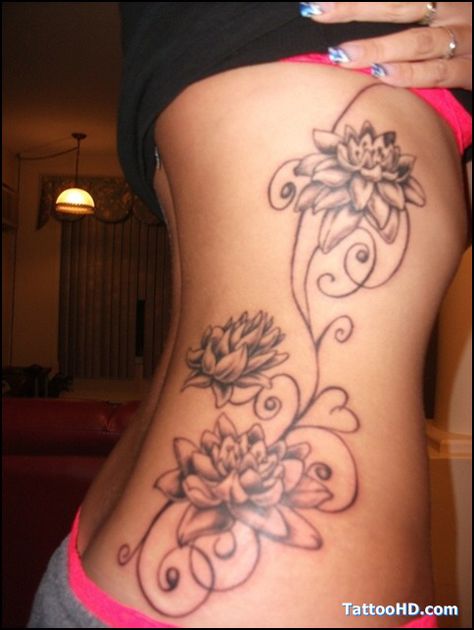 Placement Lotus Side Tattoo, Om Lotus Tattoo, Lily Pad Tattoo, Lily Flower Tattoo, Side Body Tattoo, Patterns Tattoo, Tattoo Side, Dahlia Tattoo, Lotus Tattoos