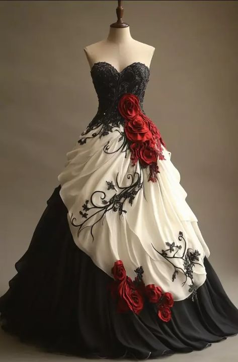 Red Dresses With Corset, Dresses With Roses, Black And White Wedding Dresses, Black White Wedding Dress, Sweetheart Bridal Gown, Sweetheart Bridal, Gothic Wedding Dress, Black And White Wedding, Black White Wedding