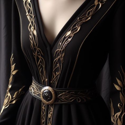 Black Medival Outfits, Midevil Dress Black, Black Targaryen Dress, Black Medieval Dress Aesthetic, Black And Gold Fantasy Dress, Medieval Black Dress, Gold Fantasy Dress, Baratheon Dress, Acotar Dress