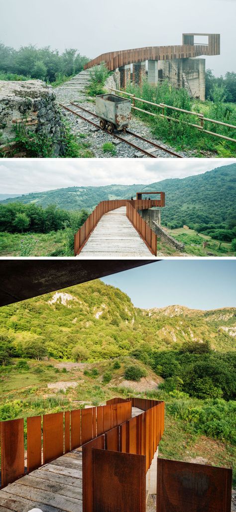 This striking walkway and lookout at an old mining site near Riosa, Spain, is made from concrete, rusty steel and recycled wood, and acts as a rest stop and viewing point for visitors. Mountain Architecture, Lookout Tower, Easy Landscaping, Landscaping Tips, Architecture Plan, Recycled Wood, Urban Landscape, Cardiff, Walkway