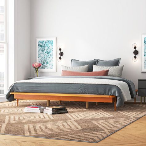 Mercury Row® Henline King Solid Wood Low Profile Platform Bed | Wayfair Mid Century Bedframe, Low Profile Bed, Modern Bed Frame, Solid Wood Platform Bed, Wood Bed Frame, Solid Wood Bed, Wood Bed, Wood Platform Bed, King Headboard