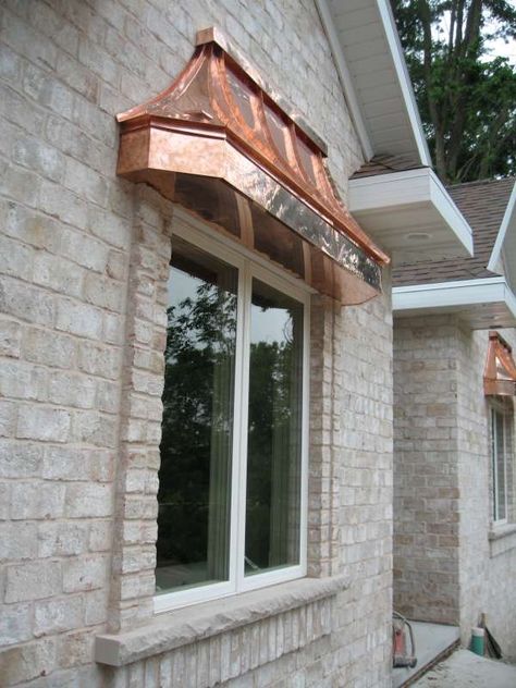 Wallpaper Dinner Room, Box Windows Exterior, Copper House Accents, Exterior Window Treatments, Copper Home Accents Exterior, Exterior Copper Accents, Copper Accents Exterior, Copper Trim Exterior, Copper Awning Front Door