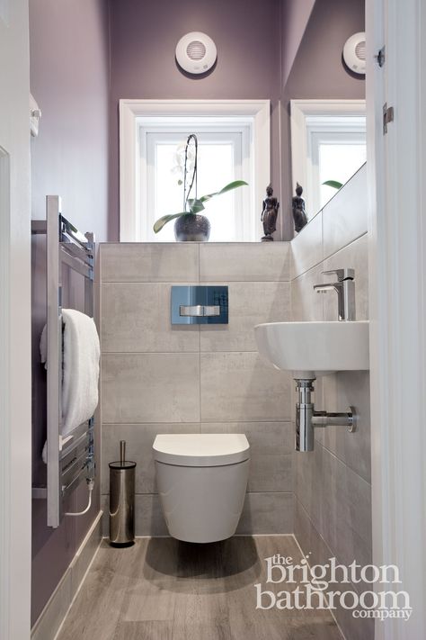 Cloakroom with gentle lilac walls and soft grey tiling Lilac And Grey Bathroom, Purple Grey Bathroom, Lilac Tile Bathroom, Toilet Under Window, Plum Bathroom Ideas, Lilac Bathroom Ideas, Violet Bathroom, Lilac Bathroom, Lilac Walls