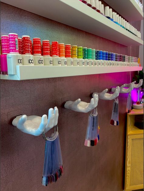 @naileditbyisabelle Nail Shelves Ideas, Nail Photo Background Ideas, Nail Room Color Ideas, Small Nail Bar Ideas, Nail Suite Set Up, Cute Nail Studio Ideas, Nail Salon Vision Board, Cosmetology Aesthetic Nails, Nail Swatch Display Ideas