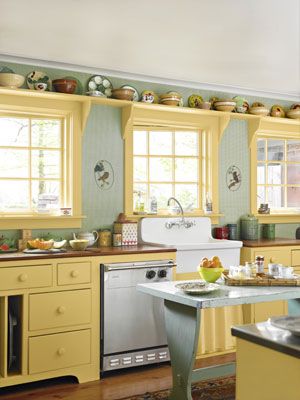 A continuing shelf from the tops of the cabinets around the dining nook would be awesome for a display of dishes. Awesome Kitchens, Yellow Cabinets, Painted Cabinets, Kabinet Dapur, Fresh Kitchen, Farmhouse Kitchen Cabinets, Kitchen Farmhouse, Yellow Kitchen, Kitchen Cabinet Colors