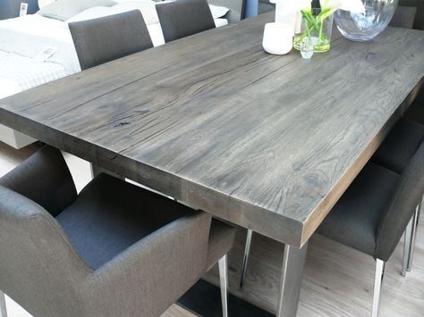 After much anticipation and excitement, our new Modena dining table has arrived in the showroom. We have it on display in the ‘Grey Wash’ wood stain, which is a beautiful dark grey fini… Kitchen Room Color, Grey Kitchen Colors, Kitchen Decor Grey, Gray Decor, Dinning Tables, Diy Kitchen Table, Grey Dining Tables, Beach Rental, Farmhouse Tables