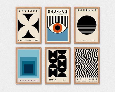 Bauhaus exhibition posters set of 6, Six mid century modern prints, Vintage abstract art, Retro geometric printables, Gallery home decor Black And White With Pop Of Color Decor, Bauhaus Posters, Color Posters, Bauhaus Exhibition, Exhibition Posters, Bauhaus Movement, Monochromatic Color Scheme, Bauhaus Poster, Prints Vintage