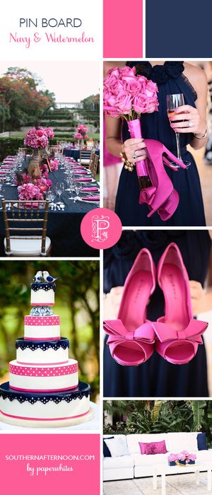 Navy & Watermelon Wedding Colors - I think these colors are cute for a girls room or nursery Pink And Blue Wedding, Pink Bachelorette Party, Wedding Color Scheme, Pink Bachelorette, Navy Bridesmaids, Navy Bridesmaid Dresses, Summer Wedding Colors, Pink Bridesmaid Dresses, Navy Wedding