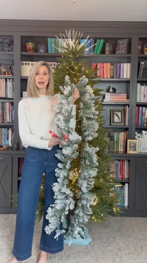 Adding Garland To Christmas Tree, Deco Mesh On Christmas Tree Ideas, 3 Ft Flocked Christmas Tree, Flocked Garland Decorating Ideas, Flocked Pencil Tree Decorating Ideas, Flocked Trees Decorated, Slim Christmas Tree Ideas Decorating, Flock A Christmas Tree Diy, Slim Christmas Trees