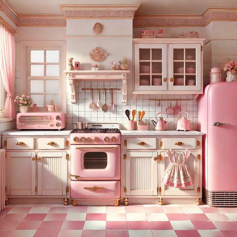 Draw ideas, inspo for desing, Vintage Pink Kitchen Appliances, Pink 1950s Kitchen, Barbie Kitchen Aesthetic, 50s Pink Kitchen, Pink Mid Century Kitchen, Pastel 50s Aesthetic, Pink Kitchen Apartment, Pink Strawberry Kitchen, Kitchen Aesthetic Pink