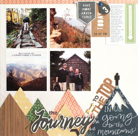 Die cut mountains with title on it Hiking Scrapbook, Scrapbooking Vacation, Trip Scrapbook, Nature Scrapbook, Camping Scrapbook, Scrapbooking Layouts Travel, Travel Scrapbook Pages, Ski Trips, Vacation Scrapbook