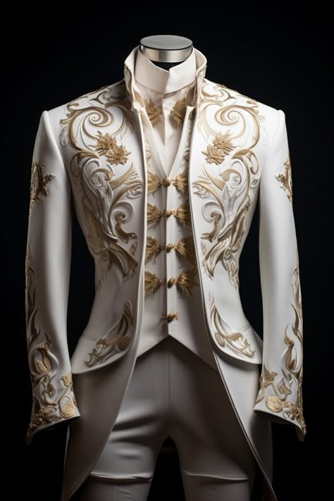 White And Gold Prince Outfit, Prince Dress For Men, Fairytale Outfits Men, Fairytale Suit, Fantasy Suit Design, Fantasy Wedding Suit, Prince Wedding Suit, Royal Suits For Men, White And Gold Suit