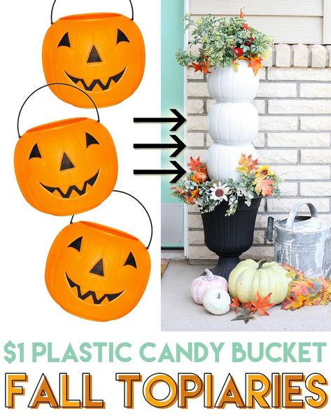 Turn those cheap plastic pumpkin candy buckets into a gorgeous fall topiary. Cheap and easy fall craft idea to decorate your porch! Thanksgiving Dec, Pumpkin Topiaries, Fall Topiaries, Plastic Pumpkins Bucket, Harvest Ideas, Fundraiser Baskets, Houses Decor, Candy Buckets, Topiary Diy