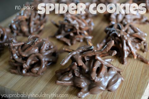 Spider Desserts, 30 Cookies, Clusters Recipe, Chocolate Covered Potato Chips, Chocolate Spiders, Chocolate Clusters, Wonton Noodles, Salted Peanuts, Xmas Desserts