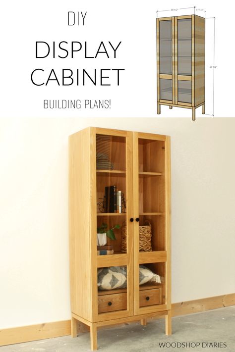 Build a DIY display cabinet with drawer using these building plans and video! Step by step instructions, tips & tricks to build it yourself Diy Display Cabinet How To Build, Diy Glass Display Cabinet, Diy China Cabinet Build, Liquor Display Cabinet, Cabinet Diy Build, Diy Curio Cabinet, Cabinet Building Plans, Drawer Building, Display Cabinet Diy