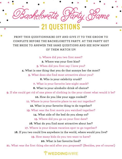 24 Free Bachelorette Party Printables Every Bride Will Love Bachelorette Party Questions, Bach Games, 21 Questions Game, Party Questions, Party Agenda, 21 Questions, Bachelorette Ideas, Bachelorette Party Planning, Bridal Bachelorette Party