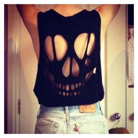 Shirt: fashion black black skeleton t- skull rips ripped clothing... ❤ liked on Polyvore featuring tops, crop top, skull cutout shirt, distressed shirt, skull cut out shirt and cut out crop top Shirt Weaving, T Shirt Weaving, Shirt Makeover, Diy Cut Shirts, Cutout Crop Top, Diy Outfits, Diy Shirts, Shirt Diy, Skull Shirts