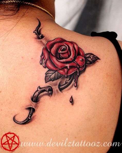 Old New School Rose Thorns Tattoo Rose Thorn Tattoo, 3d Rose Tattoo, Rose Vine Tattoos, Blood Tattoo, Thorn Tattoo, Realistic Rose Tattoo, Gallery Tattoo, Rose Drawing Tattoo, Rose Tattoos For Women