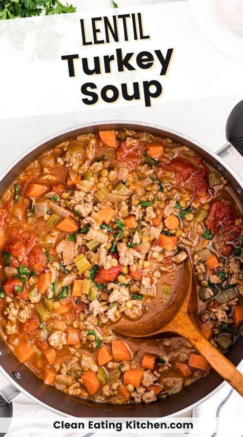 This comforting Lentil Turkey Soup is easy to make, plus it’s low-fat and nutritious. Add this delicious soup recipe to your weekly meal plan. This is a 30 minute soup recipe. Dairy Free Turkey Soup, Gluten Free Turkey Soup Recipes, Lentil Turkey Soup, Low Cal Lentil Soup, Turkey And Lentil Soup, Chicken Lentil Vegetable Soup, Turkey Lentil Soup, 30 Minute Soup Recipes, Whole 30 Soup