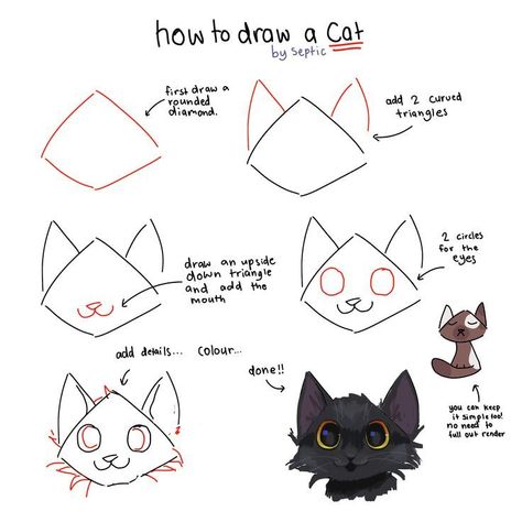 How To Draw This Cat, Anime Cat Drawing Tutorial, Cute Cat Tutorial Drawing, Drawing Tips Animals, How To Doodle Cats, Petting A Cat Drawing Reference, Chibi Cat Drawing Tutorial, Cat Teeth Drawing Reference, Tips For Drawing Warrior Cats