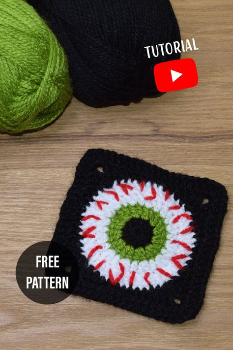 Eyeball Granny Square Pattern Free, Crochet Eye Ball Free Pattern, Eyeball Granny Square Pattern, Eyeball Crochet Granny Square, Crochet Halloween Granny Square Patterns Free, Crochet Eye Granny Square Free Pattern, Eyeball Crochet Pattern, Horror Granny Square, Crochet Halloween Squares