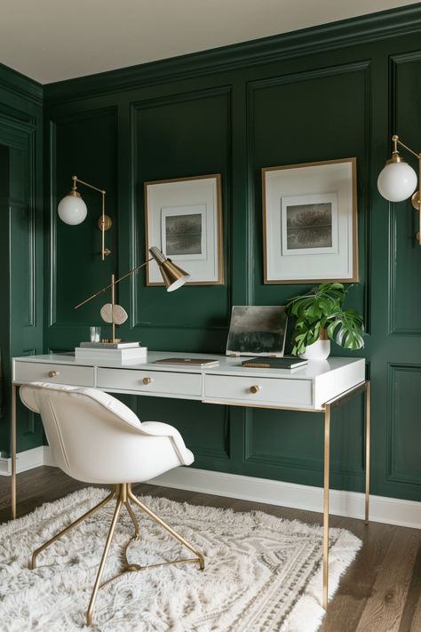 31+ Chic Home Office Ideas to Revamp Your Workspace Green Wall Wainscoting, Dark Green And White Office, Emerald And Gold Office, Green And Gold Home Office, Office Interior Design Green, Home Office Dark Green, Dark Green Office Ideas, Green Study Room, Dark Green Study