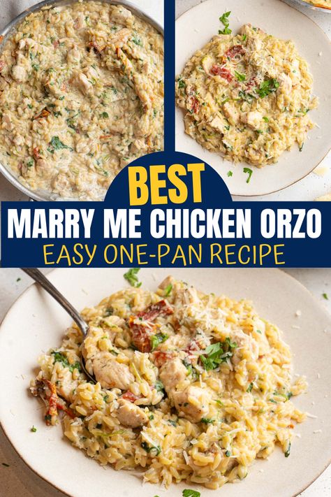 This marry me chicken orzo is a one-pan recipe that's easy to make, and tastes like it came from a restaurant! Marry Me Chicken Recipe With Orzo, Baked Chicken Orzo, Marry Me Orzo Chicken, One Pan Marry Me Chicken Orzo, Marry Me Chicken Orzo Recipe, Marry Me Chicken With Orzo, Marry Me Chicken And Rice, Chicken With Orzo Recipes, Orzo Recipes Chicken