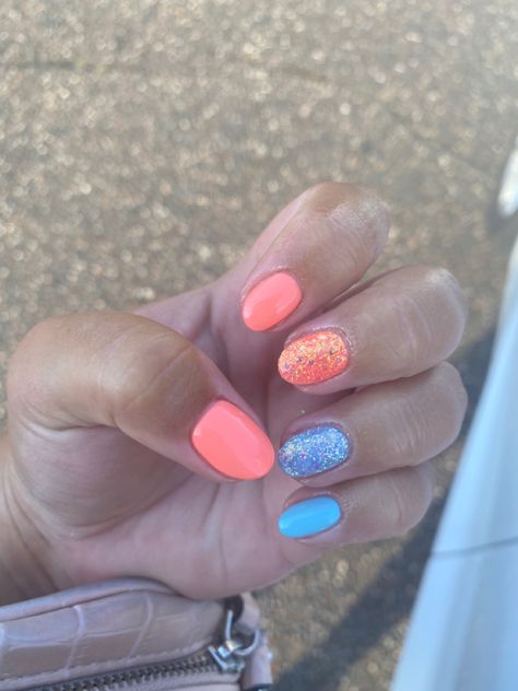 Blue Coral Nails, Coral Sns Nails Colors, Peach And Blue Nails, Coral And Blue Nails, Coral And Light Blue Nails, Blue And Coral Nails, Salmon Nails Coral Peach Colors, Coral Nails, Glittery Nails