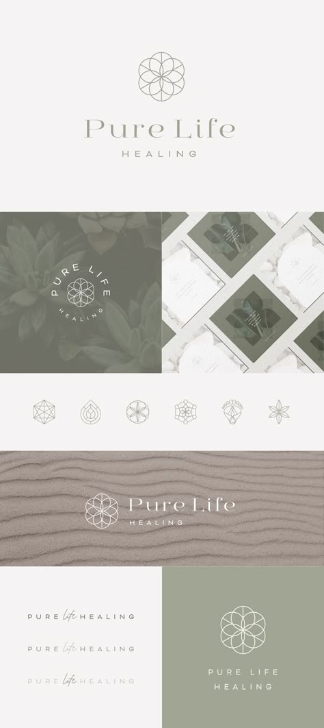 Flower of life logo inspiration. Sacred geometry-inspired logo and icon illustration. Natural brand, calm branding. Brand suite with logo variations, social templates, icons, stock photos, custom patterns, website mock-up and more. Logo and illustration inspiration. Brand Suite Design, Sacred Geometry Logo Design, Sacred Geometry Branding, Mindfulness Logo Design, Life Coach Logo Design Ideas, Calm Logo Design, Logo Variations Branding, Healing Branding, Calm Branding