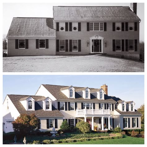 Curb appeal before and after home.  Add dormers, a porch, and a balcony for added interest and dimension. Dormers Before And After, Adding Dormers Before And After, Colonial Front Porch, Before And After Home, House Makeovers, House Before And After, Home Exterior Makeover, Exterior Renovation, Exterior Makeover