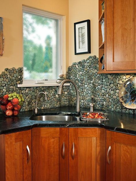 30 Trendiest Kitchen Backsplash Materials :  Sea Green Pebble tile backsplash Colorful Kitchen Backsplash, Cheap Backsplash, Rock Backsplash, Backsplash Diy, Trendy Kitchen Backsplash, Unconventional Materials, Diy Kitchen Backsplash, Diy Backsplash, Backsplash Designs