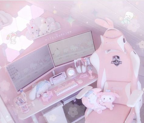 Soft Gaming Setup, Kawaii Setup, Gamer Rooms, Sanrio Room, Kawaii Room Ideas, Kawaii Bedroom, Pink Games, Otaku Room, Gamer Room Decor