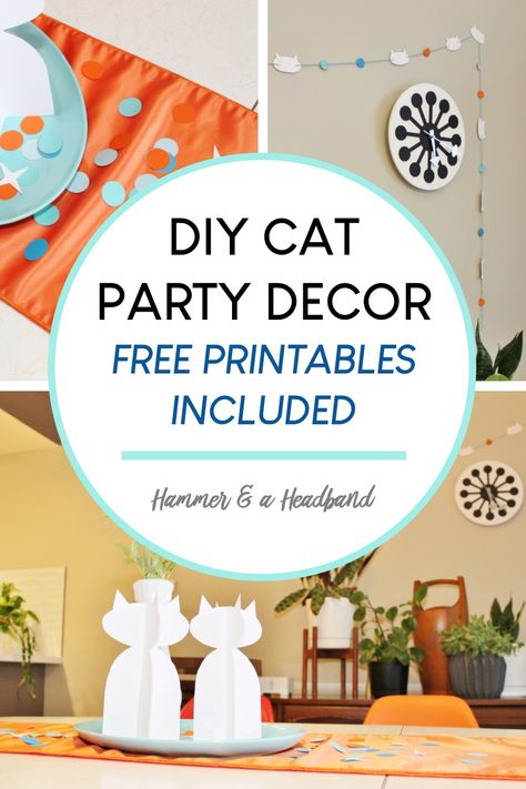 Cat Birthday Party Decorations Diy, Cat Birthday Party Crafts, Cat Centerpieces, Cat Printables Free, Cat Themed Birthday Party Decorations Diy, Diy Cat Party Decorations, Cat Party Ideas, Cat Birthday Party For Kids, Cat Garland Printable