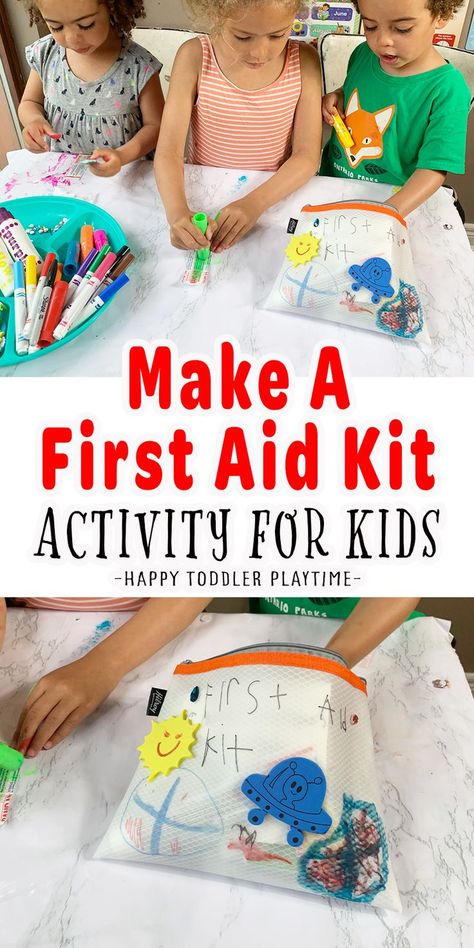 Make a First Aid Kit is an easy activity for kids of all ages and a great way to help prepare for summer adventures and misadventures. Easy Summer Activities, Playdate Ideas, Prepare For Summer, Summer Crafts For Toddlers, Summer Activities For Toddlers, First Aid For Kids, Cousin Camp, Kids Obstacle Course, Brownie Girl