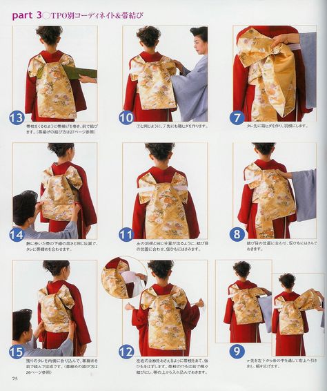 How to tie an obi Part 2 Elves Ideas, How To Wear Kimono, Japanese Wedding Dress, Moda Kimono, Japanese Traditional Clothing, Japanese Costume, Abaya Kimono, Japanese Obi, Kimono Japan