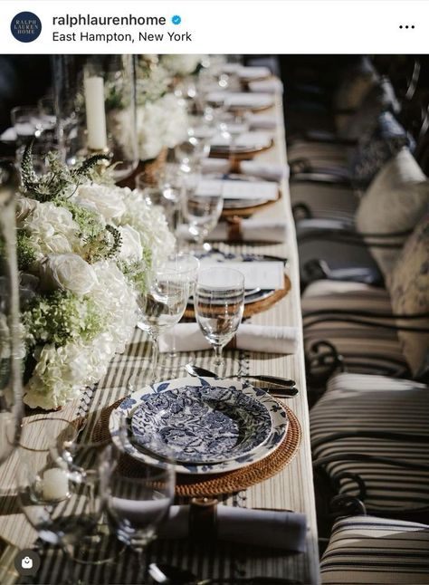 Dinner Party Tablescapes, Ashley Cooper, Pretty Table Settings, Dinner Party Decorations, Tablescape Inspiration, Blue And White Fabric, Dinner Table Setting, Table Setting Decor, Pretty Tables