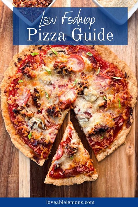 a whole pizza with a slice cut out. Fodmap Recipes Lunch, Low Fodmap Pizza, Fodmap Pizza, Pizza Combinations, Pizza Toppings Combinations, Diet Pizza, Fodmap Meal Plan, Low Fodmap Snacks, Fodmap Snacks