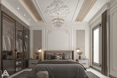 Classic Apartment Design, Modern Classic Bedroom Design, Diy Nightstand Ideas, New Classic Bedroom, Classical Theme, Classic Bedroom Design, Gypsum Design, Modern Neoclassical, Modern White Bedroom