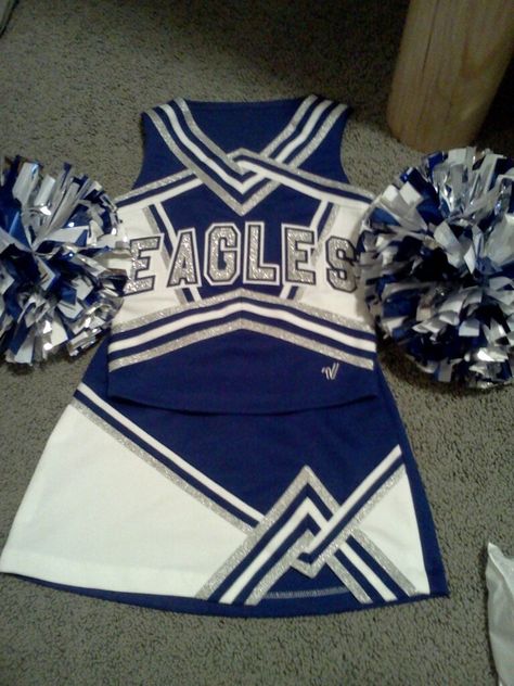 Eagles Cheerleaders Costume, Basketball Muse, Light Blue Cheer Uniforms, Ravenclaw Cheer Uniform, Varsity Cheer Uniforms, Cheerleader Outfit Blue, Blue And White Cheer Uniforms, Cheer Fits, Dance Team Uniforms