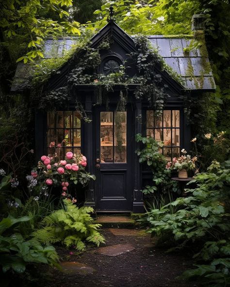 Dark Cottagecore Furniture, Witchy Cottage Garden, Dark Cottagecore Garden, Witchy Cottage Exterior, Dark Mountain House, Denise Core, Dark Academia House Exterior, Cottagecore Garden Aesthetic, Dark Cottagecore Home