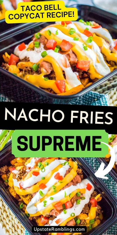 Satisfy your Taco Bell cravings at home with this easy Nacho Fries Supreme recipe. Crispy and spicy fries are loaded with taco beef, beans, warm nacho cheese, sour cream and more! Taco Bell Nachos Recipe, Taco Bell Loaded Fries, Fry Supreme Fries, Taco Bell Fries Supreme, Taco Time Mexi Fries Recipe, Recipes Using Nacho Cheese Sauce, Loaded Taco Fries, Loaded Nacho Fries, Air Fryer Nachos Recipes