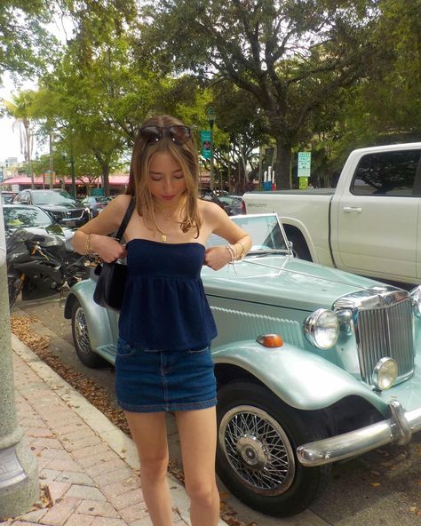 tube top, denim skirt, darkwash, car, tube top, navy flowy tube top Blue Tube Top For Spring Day Out, Blue Tube Top For Day Out, Trendy Dark Wash Denim Tube Top, Tube Tops Outfit, Flirty Fitted Mini Tube Top, Blue Mini Length Tube Top, Flowy Tube Top, Tube Top Outfit, Tube Top Outfits