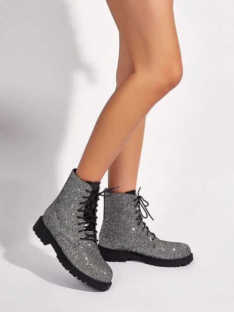 Allover Glitter Decor Lace-up Front Combat Boots | SHEIN USA Glitter Combat Boots, Grunge Shoes, Sparkle Flats, Pretty Shoes Sneakers, Glitter Decor, Sequin Decor, Womens Combat Boots, Traje Casual, Zipper Boots