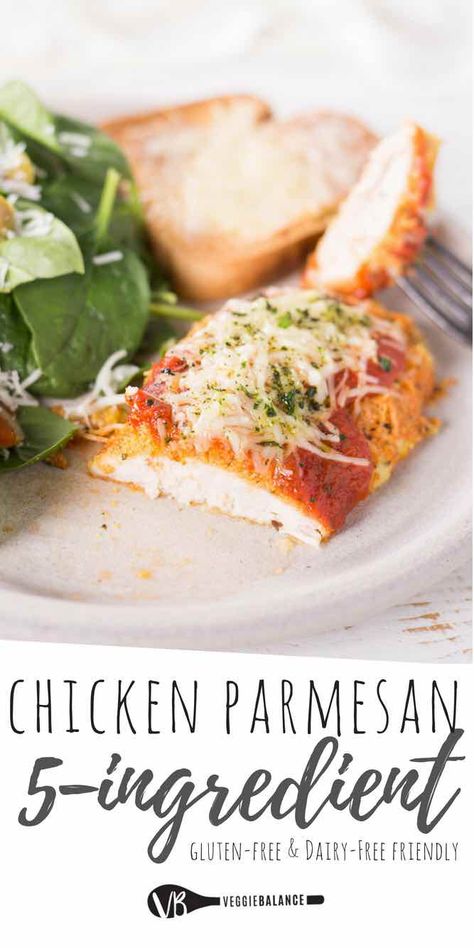 Gluten-Free Chicken Parmesan recipe made without breadcrumbs and oven baked! Perfectly moist Parmesan crusted chicken topped with the best homemade marinara sauce.  #GlutenFree #GlutenFreeRecipes #Recipes #Recipe #DairyFree #DairyFreeFriendly #Healthy #HealthyRecipes #HealthyDiet via @veggiebalance Gluten Free Dairy Free Chicken Parmesan, Chicken Parmesan Recipe Easy Gluten Free, Chicken Parmesan Recipe Dairy Free, Gluten Free Chicken Parmesan Air Fryer, Chicken Parmesan Recipe Gluten Free, Gluten Chicken Recipes, Gluten Free Italian Chicken Recipes, Paleo Chicken Parmesan, Chicken Parmesan Without Breadcrumbs