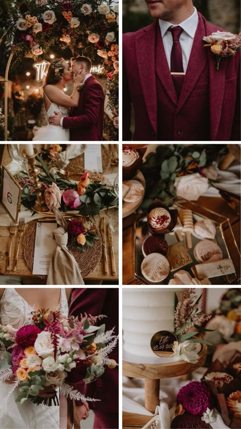 Mustard And Maroon Wedding, Autumn Red Wedding, Copper And Red Wedding, Burgundy And Brown Wedding Theme, Burgundy Tan Wedding, Rust Red Color Palette Wedding, Red And Champagne Wedding Colors, Wedding Themes Maroon, Champagne And Maroon Wedding Theme