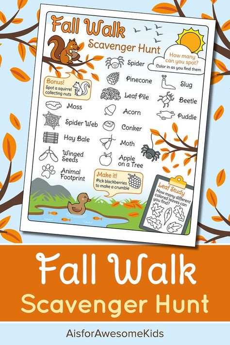 Fall / Autumn Nature Walk Scavenger Hunt Printable available for both UK and US A printable PDF activity page with lots of fall animals, bugs and nature to spot and color in once found Fall Nature Walk, Walk Scavenger Hunt, Nature Walk Scavenger Hunt, Fall Scavenger Hunt, Animal Footprints, Fall Nature, Tree Templates, Scavenger Hunt For Kids, Fun Fall Activities