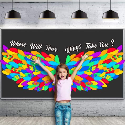 PRICES MAY VARY. 【 Unique Wings Bulletin Board Set 】You will receive letter cut-outs for the words " Where Will Your Wings Take You? ". 112 x rainbow feathers, 24 x colorful feathers, 200 x glue dots. 【 Inspiring and Eye Catching 】Where Will Your Wings Take You bulletin board with wings made of indiviually cut and decorated feathers, Vibrant motivational cutouts features an assortment of eye-catching colors that celebrate our achievements that our 'wings' have helped lift us up to. 【 Thoughtful Smile Bulletin Board Ideas, Back To Preschool Bulletin Boards, School Hallway Themes, Wings Bulletin Board, Door Decor School, Bulletin Board Sayings, Motivational Bulletin Boards, Classroom Decoration Ideas, Bulletin Board Decoration