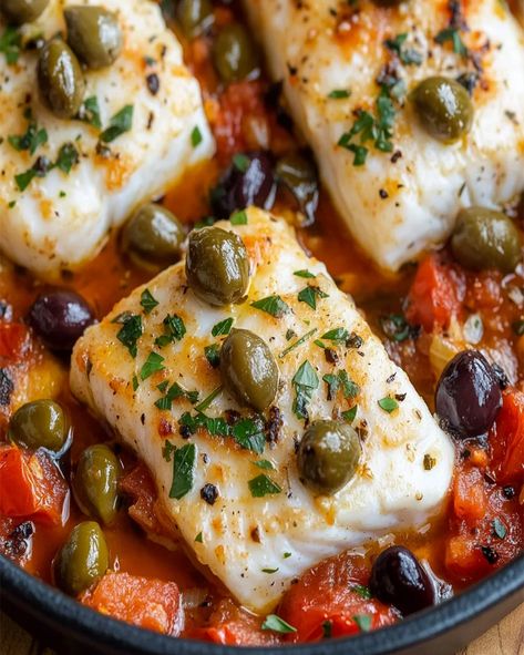 Cod Provençal Recipe with Tomatoes, Capers, and Olives Cod With Olives, Fish With Olives And Tomatoes, Cod With Capers Recipes, Fish With Olives, Tuscan Cod Recipe, Cod Picatta Recipe, Cod Stew Recipes, Lemon Caper Cod, Cod Provencal Recipe