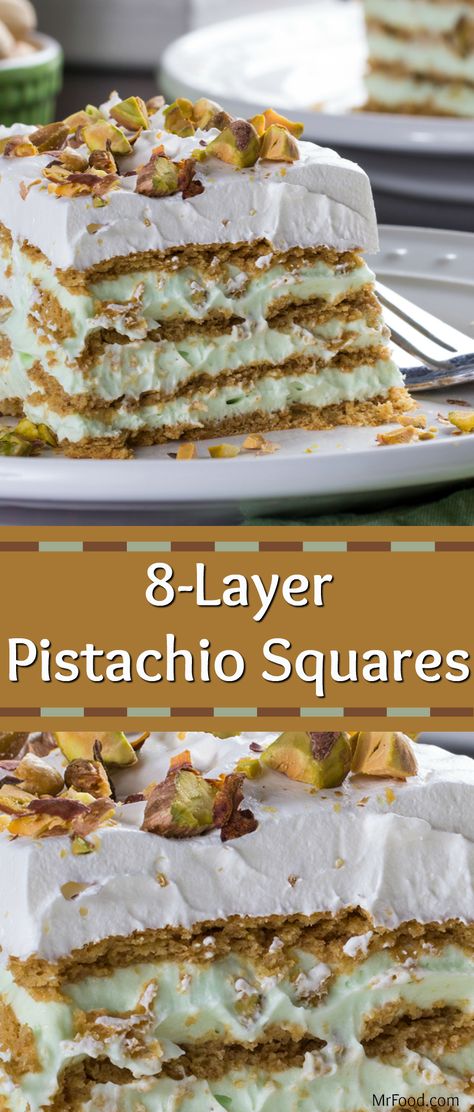 These 8-Layer Pistachio Squares are going to be the highlight of your meal! This dessert recipe is filled with delicious pistachio nuts and creamy whipped topping, making it the perfect recipe to bring to your church  potluck, or simply to your next family outing. Make it ahead of time for all the flavor and no fuss. Pistachio Squares, Pistachio Recipes Desserts, Mr Food Recipes, Oreo Desserts, Pistachio Dessert, Dessert Squares, Potluck Desserts, Homemade Recipes Dessert, Frozen Dessert Recipe